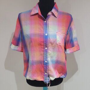 American Eagle Womens Colorful Plaid Short Sleeve Button Down Shirt Size Medium